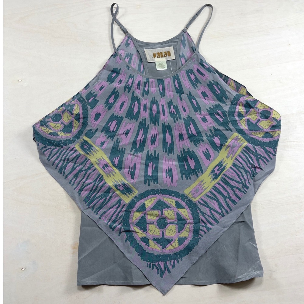 JMM Womens 100% Silk Tribal Print Handkerchief Hem Cami Top Grey Small